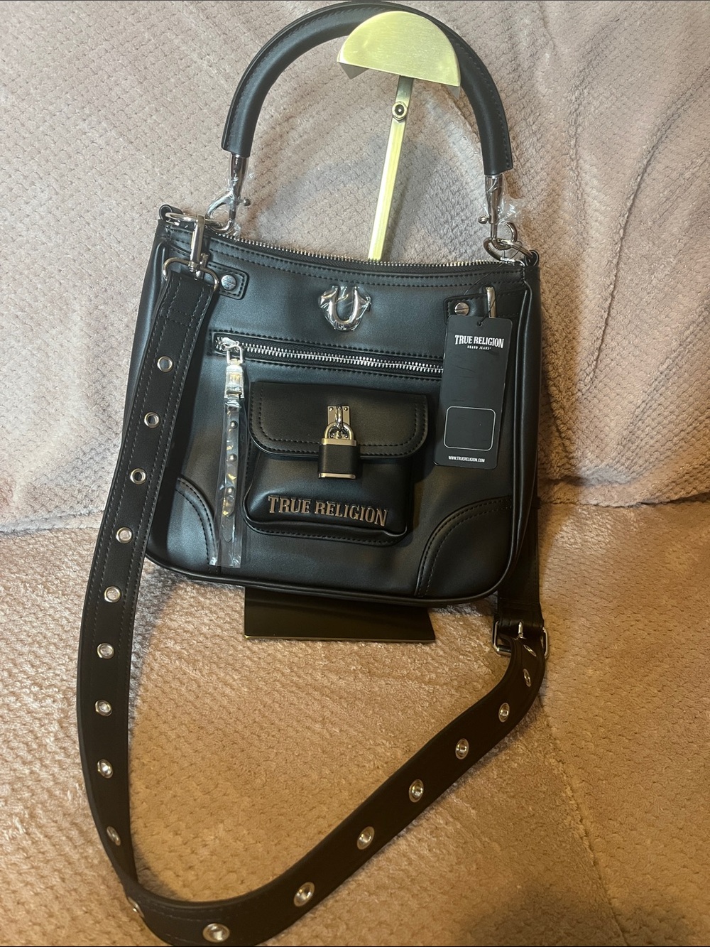True Religion Black Leather Studded Messenger Bag